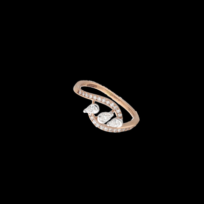 Nova Ring in 14KT rose gold, an open swirl band with pavé natural diamonds and three pear-cut diamond centres
